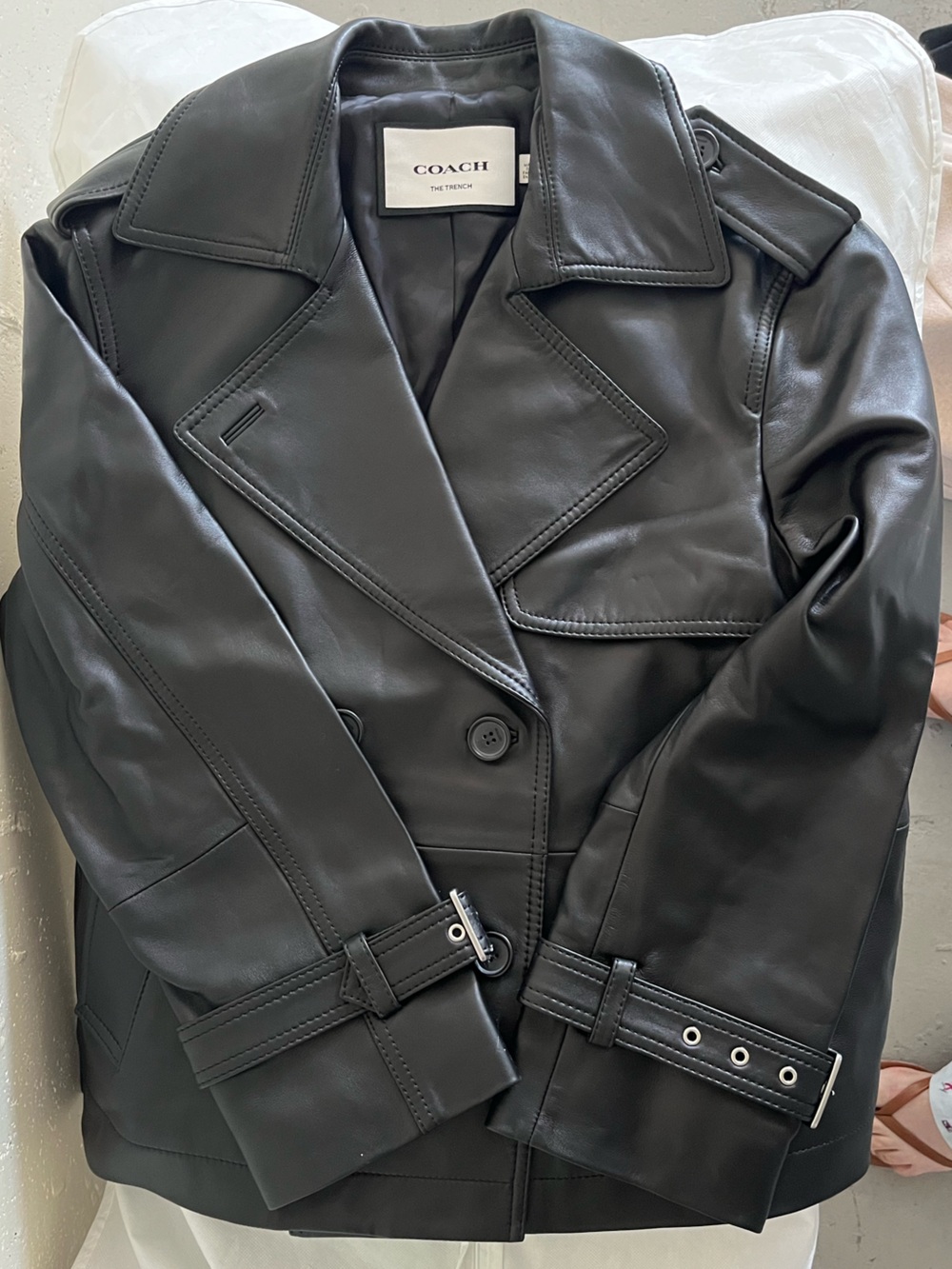 Coach Black Leather Double-Breasted Trench Jacket